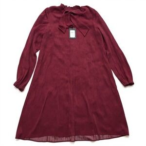 NWT DKNY Pleated Tie Neck Shift Dress 8 Maroon Long Sleeve with Neck Bow